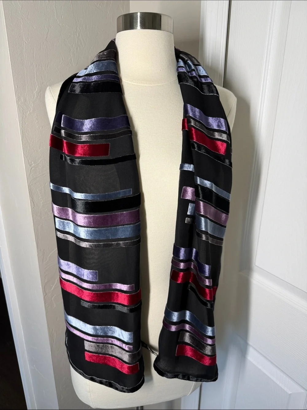 Echo black silk velvet burnout scarf with colorblock stripes - Picture 3 of 5